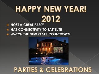 ?   HOST A GREAT PARTY
?   HAS CONNECTIVITY TO SATTELITE
?   WATCH THE NEW YEARS COUNTDOWN
 