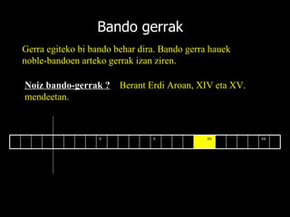 Bando gerrak Gerra egiteko bi bando behar dira. Bando gerra hauek noble-bandoen arteko gerrak izan ziren. Noiz bando-gerrak ?   Berant Erdi Aroan, XIV eta XV. mendeetan. XX XV X V 