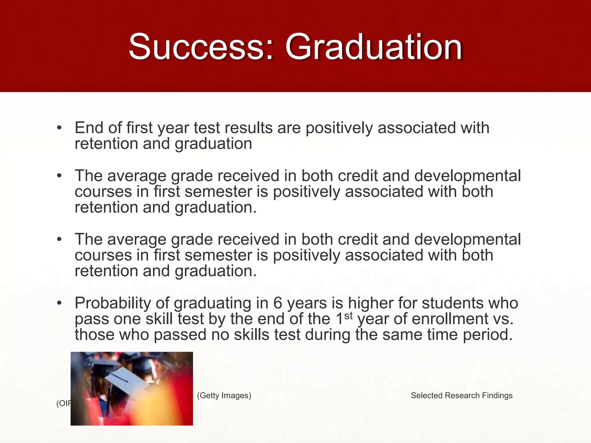 Success: Graduation

• End of first year test results are positively associated with
  retention and graduation
• The average grade received in both credit and developmental
  courses in first semester is positively associated with both
  retention and graduation.
• The average grade received in both credit and developmental
  courses in first semester is positively associated with both
  retention and graduation.
• Probability of graduating in 6 years is higher for students who
  pass one skill test by the end of the 1st year of enrollment vs.
  those who passed no skills test during the same time period.


                    (Getty Images)                 Selected Research Findings
(OIR)
 
