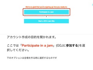 アカウント作成の目的を聞かれます。
ここでは「Participate in a jam」(GGJに参加する)を選
択してください。
下のオプションは会場を作る時に選択するものです
 