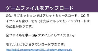 ゲームファイルをアップロード
GGJ サブミッションではアセットとソースコード、CC ラ
イセンスを含む一切を (未完成であっても) アップロードす
る必要があります。
全ファイルを単一 zip ファイルにしてください。
モデルは以下からダウンロードできます:
http://ggj.s3.amazonaws.com/GGJ_directory_structure.zip
 