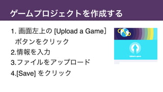 ゲームプロジェクトを作成する
1. 画面左上の [Upload a Game］
ボタンをクリック
2.情報を入力
3.ファイルをアップロード
4.[Save] をクリック
 