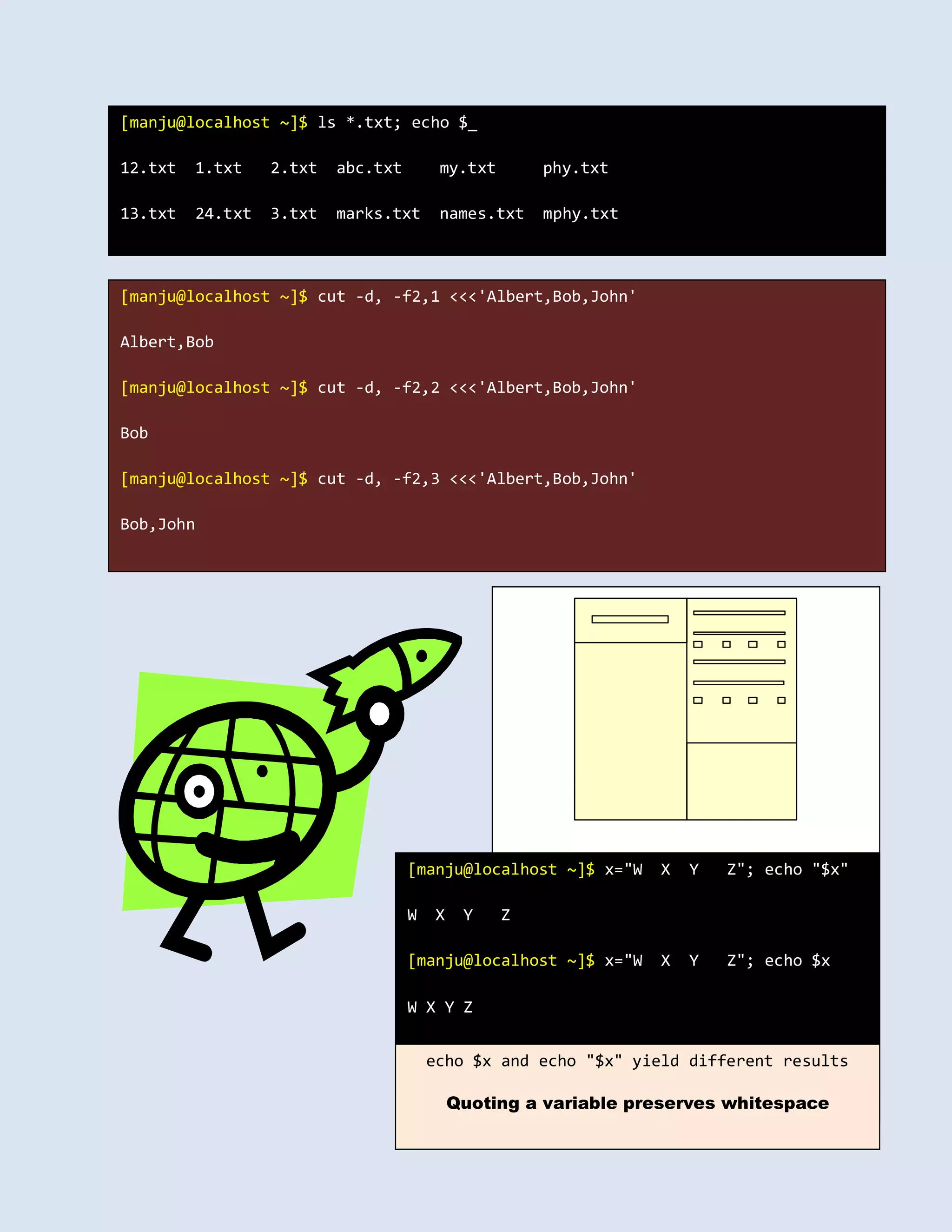 [manju@localhost ~]$ ls *.txt; echo $_
12.txt 1.txt 2.txt abc.txt my.txt phy.txt
13.txt 24.txt 3.txt marks.txt names.txt mphy.txt
[manju@localhost ~]$ cut -d, -f2,1 <<<'Albert,Bob,John'
Albert,Bob
[manju@localhost ~]$ cut -d, -f2,2 <<<'Albert,Bob,John'
Bob
[manju@localhost ~]$ cut -d, -f2,3 <<<'Albert,Bob,John'
Bob,John
[manju@localhost ~]$ x="W X Y Z"; echo "$x"
W X Y Z
[manju@localhost ~]$ x="W X Y Z"; echo $x
W X Y Z
echo $x and echo "$x" yield different results
Quoting a variable preserves whitespace
 