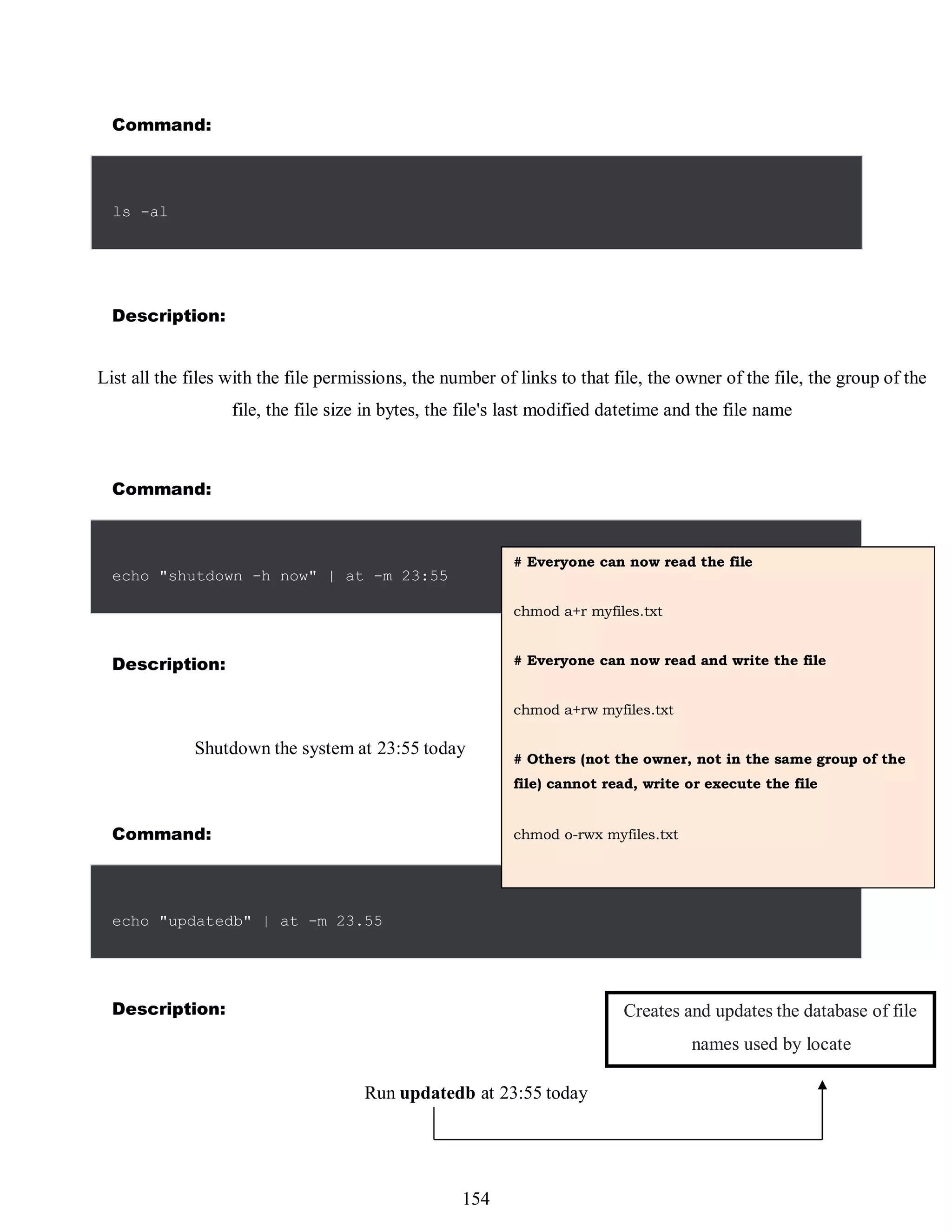 Command:
538
Description:
List all the files with the file permissions, the number of links to that file, the owner of the file, the group of the
file, the file size in bytes, the file's last modified datetime and the file name
Command:
Description:
Shutdown the system at 23:55 today
Command:
Description:
Run updatedb at 23:55 today
ls -al
Creates and updates the database of file
names used by locate
echo "shutdown -h now" | at -m 23:55
echo "updatedb" | at -m 23.55
# Everyone can now read the file
chmod a+r myfiles.txt
# Everyone can now read and write the file
chmod a+rw myfiles.txt
# Others (not the owner, not in the same group of the
file) cannot read, write or execute the file
chmod o-rwx myfiles.txt
154
 