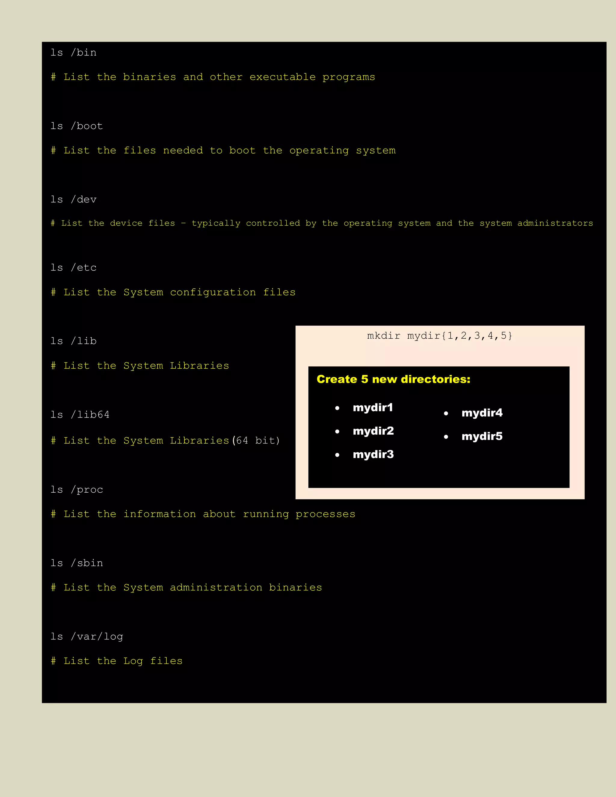 ls /bin
# List the binaries and other executable programs
ls /boot
# List the files needed to boot the operating system
ls /dev
# List the device files − typically controlled by the operating system and the system administrators
ls /etc
# List the System configuration files
ls /lib
# List the System Libraries
ls /lib64
# List the System Libraries (64 bit)
ls /proc
# List the information about running processes
ls /sbin
# List the System administration binaries
ls /var/log
# List the Log files
mkdir mydir{1,2,3,4,5}
Create 5 new directories:
 mydir1
 mydir2
 mydir3
 mydir4
 mydir5
 