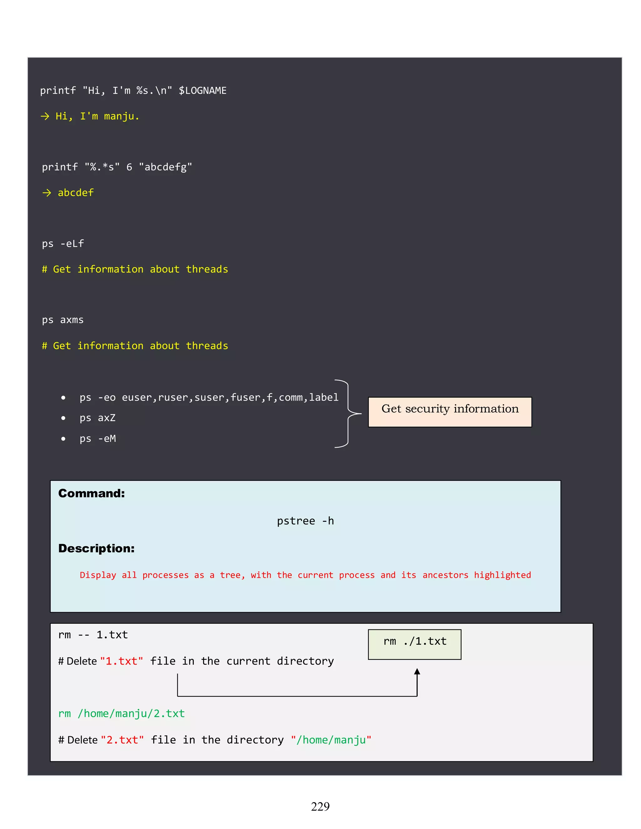 printf "Hi, I'm %s.n" $LOGNAME
→ Hi, I'm manju.
printf "%.*s" 6 "abcdefg"
→ abcdef
ps -eLf
# Get information about threads
ps axms
# Get information about threads
 ps -eo euser,ruser,suser,fuser,f,comm,label
 ps axZ
 ps -eM
Get security information
Command:
pstree -h
Description:
Display all processes as a tree, with the current process and its ancestors highlighted
rm -- 1.txt
# Delete "1.txt" file in the current directory
rm /home/manju/2.txt
# Delete "2.txt" file in the directory "/home/manju"
rm ./1.txt
229
 