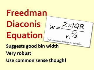 FreedmanDiaconisEquationSuggests good bin widthVery robustUse common sense though!35IQR = interquartile range, n = data points