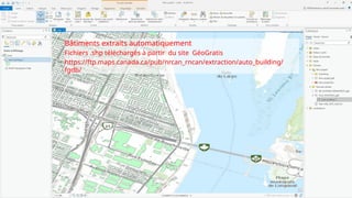 Bâtiments extraits automatiquement
Fichiers .shp téléchargés à partir du site GéoGratis
https://ftp.maps.canada.ca/pub/nrcan_rncan/extraction/auto_building/
fgdb/
 