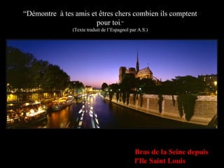 “ Démontre  à tes amis et êtres chers combien ils comptent pour toi .” (Texte traduit de l’Espagnol par A.S.) Bras de la Seine depuis l'Ile Saint Louis 