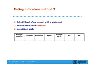 Rating indicators method 3



             Asks KI level of agreement with a statement
             Remember may be sensitive
             Uses Likert scale

            Strongly                                             Strongly
                             Disagree        Undecided   Agree              N.A.   D.K.
            disagree                                              agree



        




Essential Medicines and Pharmaceutical Policies
May 2009 – Good Governance for Medicines 19
 