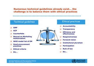 Numerous technical guidelines already exist… the
        challenge is to balance them with ethical practices



        Technical guidelines                      Ethical practices

                                                  Accountability
       GMP
                                                  Transparency
       GCP
                                                  Efficiency and
       Counterfeits                               effectiveness
       Manual on Marketing                        Responsiveness
       Authorization
                                                  Forward vision
       WHO model list of EM
                                                  Institutional pluralism
       Good procurement
       practices                                  Participation

       Ethical criteria                           Rule of law

       Etc…                                       Etc…




Essential Medicines and Pharmaceutical Policies
May 2009 – Good Governance for Medicines 5
 