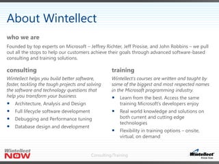Consulting/Training
consulting
Wintellect helps you build better software,
faster, tackling the tough projects and solving...