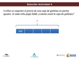 Solución Actividad 4
?
5 niños se reparten el precio de una caja de galletas en partes
iguales. Si cada niño pagó $200, ¿cuánto costó la caja de galletas?
200
 
