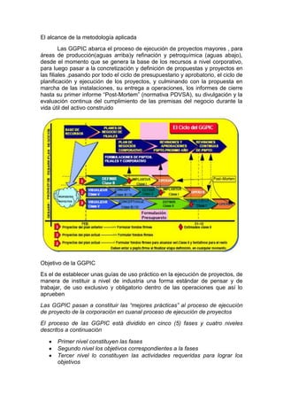 El alcance de la metodología aplicada
Las GGPIC abarca el proceso de ejecución de proyectos mayores , para
áreas de producción(aguas arriba)y refinación y petroquímica (aguas abajo),
desde el momento que se genera la base de los recursos a nivel corporativo,
para luego pasar a la concretización y definición de propuestas y proyectos en
las filiales ,pasando por todo el ciclo de presupuestario y aprobatorio, el ciclo de
planificación y ejecución de los proyectos, y culminando con la propuesta en
marcha de las instalaciones, su entrega a operaciones, los informes de cierre
hasta su primer informe “Post-Mortem” (normativa PDVSA), su divulgación y la
evaluación continua del cumplimiento de las premisas del negocio durante la
vida útil del activo construido
Objetivo de la GGPIC
Es el de establecer unas guías de uso práctico en la ejecución de proyectos, de
manera de instituir a nivel de industria una forma estándar de pensar y de
trabajar, de uso exclusivo y obligatorio dentro de las operaciones que así lo
aprueben
Las GGPIC pasan a constituir las “mejores prácticas” al proceso de ejecución
de proyecto de la corporación en cuanal proceso de ejecución de proyectos
El proceso de las GGPIC está dividido en cinco (5) fases y cuatro niveles
descritos a continuación
Primer nivel constituyen las fases
Segundo nivel los objetivos correspondientes a la fases
Tercer nivel lo constituyen las actividades requeridas para lograr los
objetivos
 