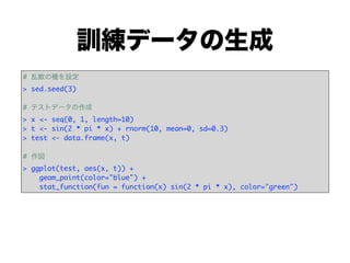 訓練データの生成
# 乱数の種を設定
> sed.seed(3)

# テストデータの作成
> x <- seq(0, 1, length=10)
> t <- sin(2 * pi * x) + rnorm(10, mean=0, sd=0.3)
> test <- data.frame(x, t)

# 作図
> ggplot(test, aes(x, t)) +
    geom_point(color="blue") +
    stat_function(fun = function(x) sin(2 * pi * x), color="green")
 