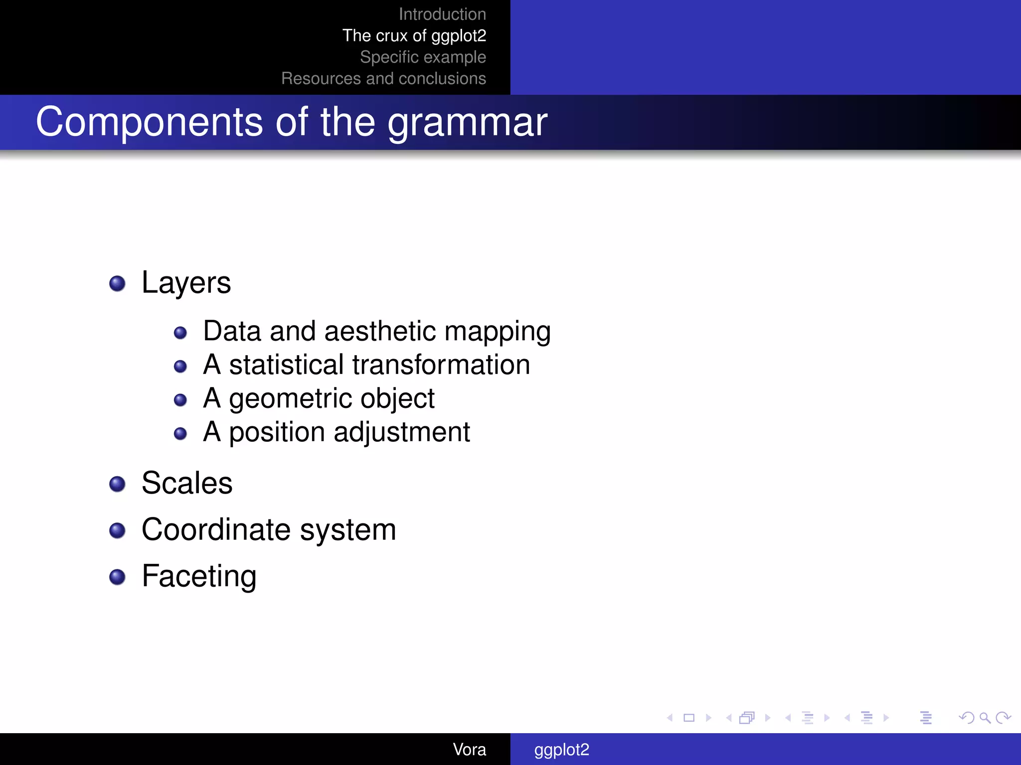 Introduction
                       The crux of ggplot2
                         Speciﬁc example
                Resources and conclusions


Components of the grammar


     Layers
         Data and aesthetic mapping
         A statistical transformation
         A geometric object
         A position adjustment
     Scales
     Coordinate system
     Faceting




                                     Vora    ggplot2
 