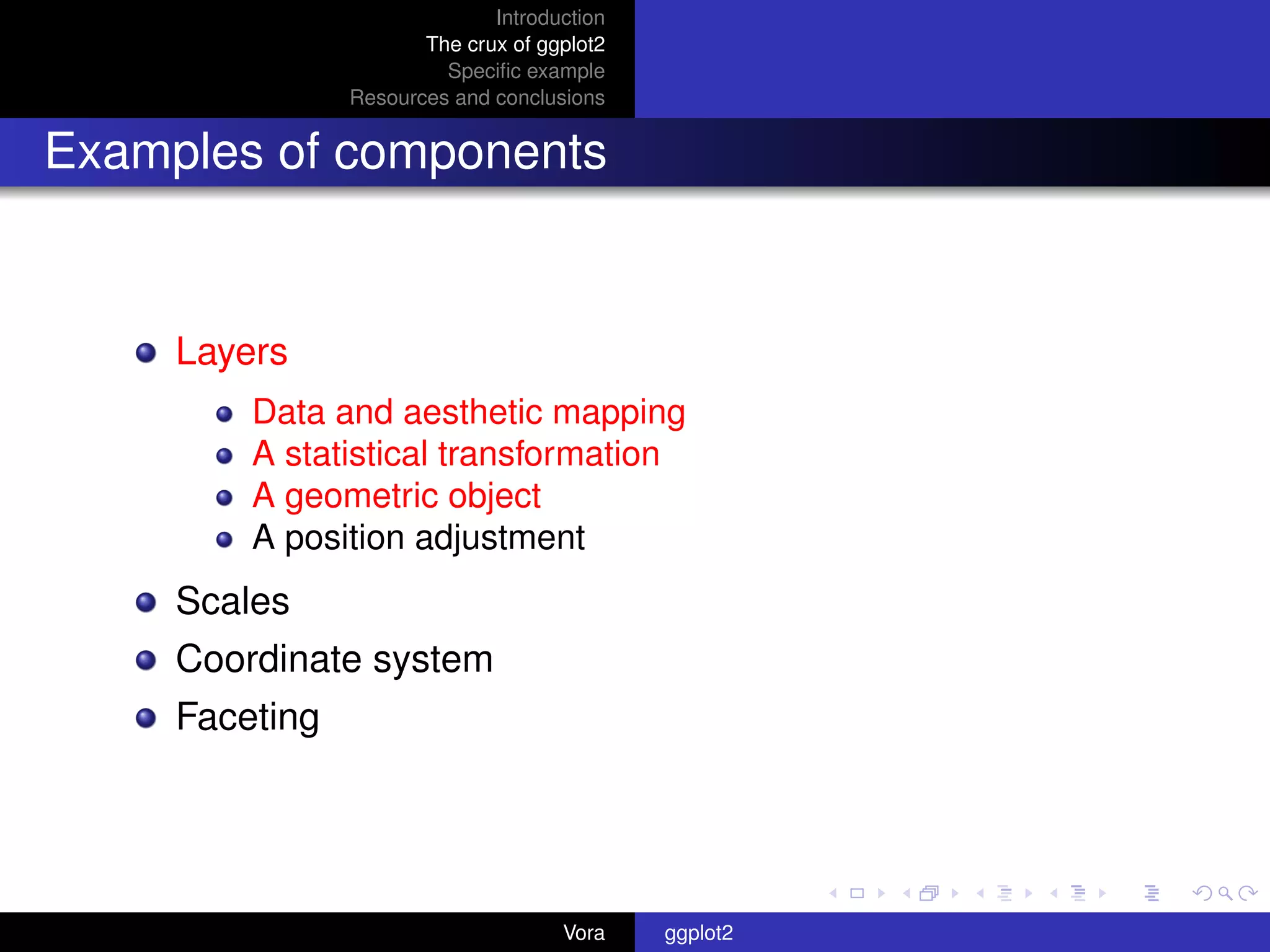 Introduction
                       The crux of ggplot2
                         Speciﬁc example
                Resources and conclusions


Examples of components


     Layers
         Data and aesthetic mapping
         A statistical transformation
         A geometric object
         A position adjustment
     Scales
     Coordinate system
     Faceting




                                     Vora    ggplot2
 