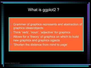What is ggplot2 ?
 Grammer of graphics represents and abstraction of
graphics ideas/objects
 Think ‘verb’, ‘noun’, ‘adjective’ for graphics
 Allows for a ‘theory’ of graphics on which to build
new graphics and graphics ogjects
 ‘Shorten the distence from mind to page’
Çarşamba 7.Ekim.2015
 