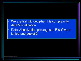  We are trainnig decipher this complexcity
data Visualization.
 Data Visualization packages of R software
lattice and ggplot 2.
 