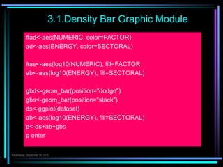 3.1.Density Bar Graphic Module
#ad<-aes(NUMERIC, color=FACTOR)
ad<-aes(ENERGY, color=SECTORAL)
#as<-aes(log10(NUMERIC), fill=FACTOR
ab<-aes(log10(ENERGY), fill=SECTORAL)
gbd<-geom_bar(position="dodge")
gbs<-geom_bar(position="stack")
ds<-ggplot(dataset)
ab<-aes(log10(ENERGY), fill=SECTORAL)
p<-ds+ab+gbs
p enter
Çarşamba 7.Ekim.2015
 