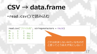 CSV → data.frame
• read.csv()で読み込む
17
read.csv("ファイル名", stringsAsFactors = FALSE)
#> x y z
#> 1 1 2 day 1
#> 2 2 4 day 2
#> 3 3 8 day 3
...
これはおまじないみたいなものだ
と思ってとりあえず気にしない！
 