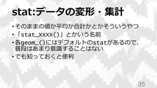stat:データの変形・集計
• そのままの値か平均か合計かとかそういうやつ
• 「stat_XXXX()」とかいう名前
• 各geom_()にはデフォルトのstatがあるので、
普段はあまり意識することはない
• でも知っておくと便利
35
 