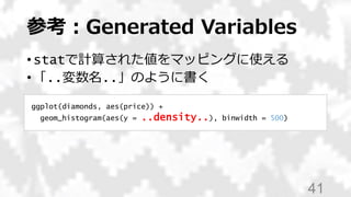 参考：Generated Variables
• statで計算された値をマッピングに使える
• 「..変数名..」のように書く
41
ggplot(diamonds, aes(price)) +
geom_histogram(aes(y = ..density..), binwidth = 500)
 