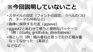 ※今回説明していないこと
• スタイルの設定（フォントの設定、ラベルのつけ
方、テーマの共有など）
• 画像に保存する方法（ggsave）
• ggplot2とあわせて使うと便利なパッケージ
（例：GGally, gridExtra, directlabels）
• 落とし穴（例：積み重ねと思ってたけど積み重
なってなかった…(実話)）
などなど…
70
 