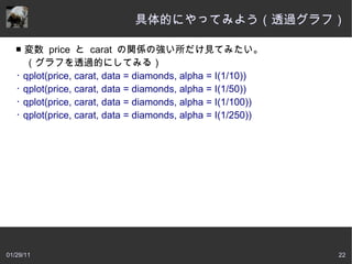 具体的にやってみよう（透過グラフ）

   ■ 変数  price と  carat の関係の強い所だけ見てみたい。
   　（グラフを透過的にしてみる）
   ･ qplot(price, carat, data = diamonds, alpha = I(1/10))
   ･ qplot(price, carat, data = diamonds, alpha = I(1/50))
   ･ qplot(price, carat, data = diamonds, alpha = I(1/100))
   ･ qplot(price, carat, data = diamonds, alpha = I(1/250))




01/29/11                                                      22
 