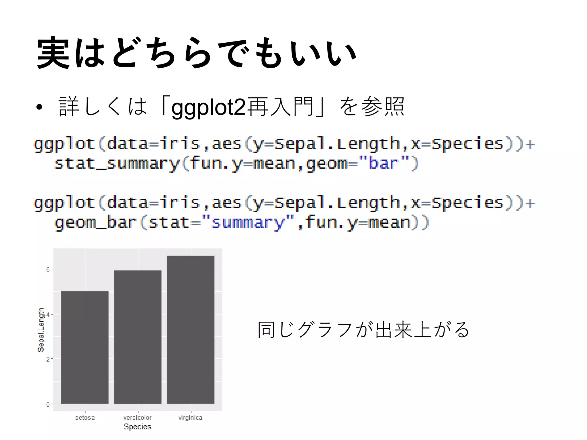 実はどちらでもいい
• 詳しくは「ggplot2再入門」を参照
同じグラフが出来上がる
 