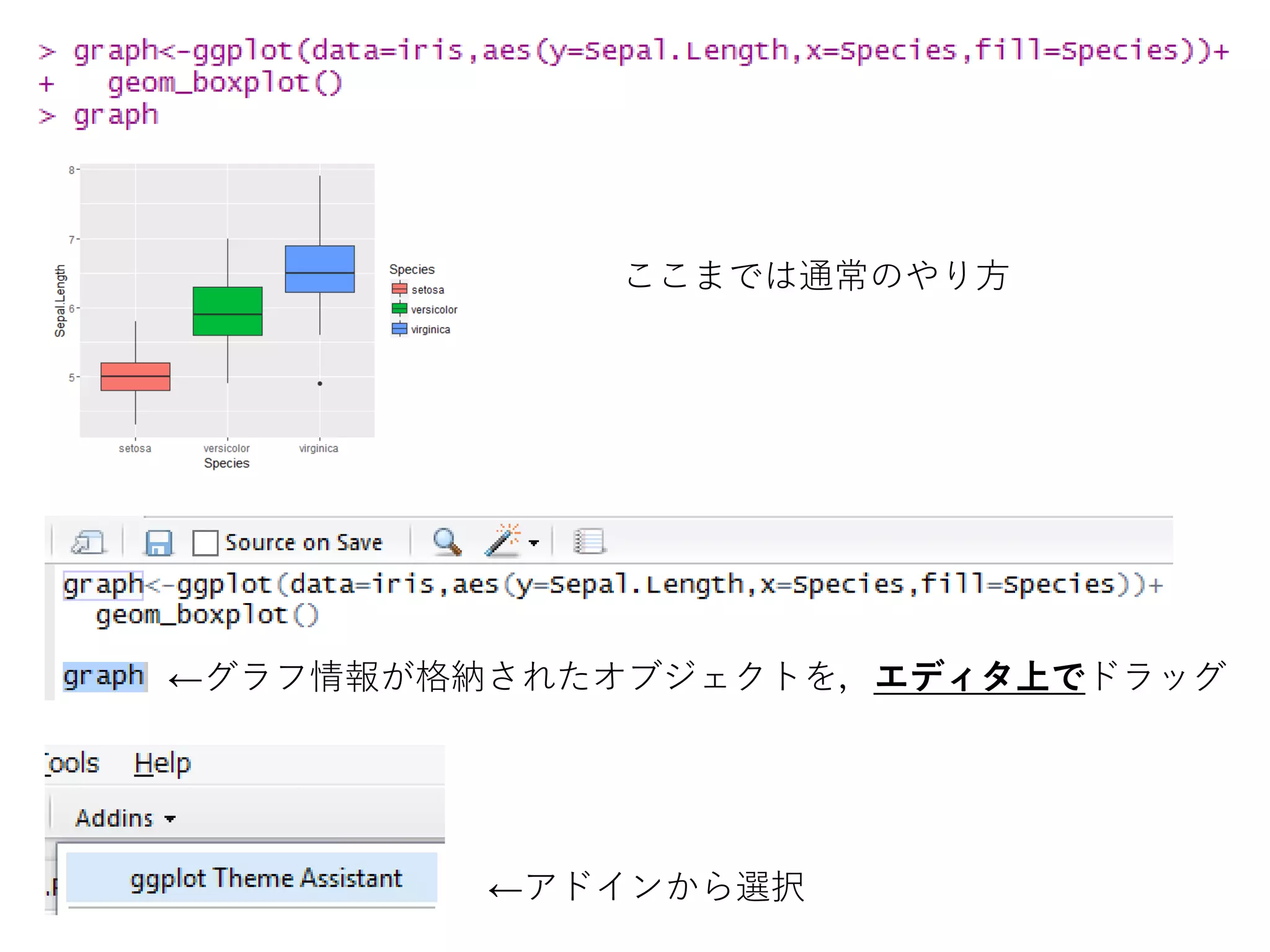 ここまでは通常のやり方
←グラフ情報が格納されたオブジェクトを，エディタ上でドラッグ
←アドインから選択
 