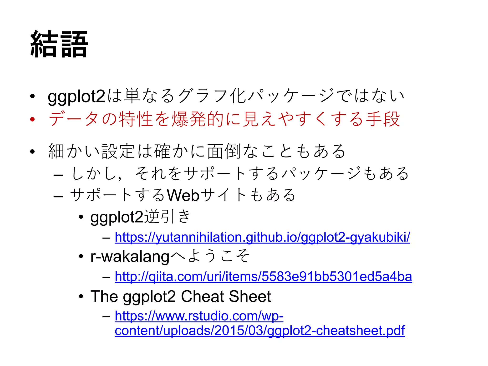 結語
• ggplot2は単なるグラフ化パッケージではない
• データの特性を爆発的に見えやすくする手段
• 細かい設定は確かに面倒なこともある
– しかし，それをサポートするパッケージもある
– サポートするWebサイトもある
• ggplot2逆引き
– https://yutannihilation.github.io/ggplot2-gyakubiki/
• r-wakalangへようこそ
– http://qiita.com/uri/items/5583e91bb5301ed5a4ba
• The ggplot2 Cheat Sheet
– https://www.rstudio.com/wp-
content/uploads/2015/03/ggplot2-cheatsheet.pdf
 