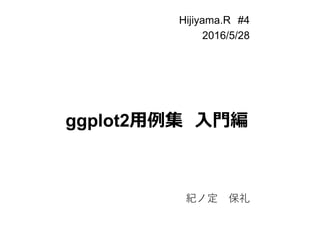 Hijiyama.R #4
2016/5/28
ggplot2用例集 入門編
紀ノ定 保礼
 