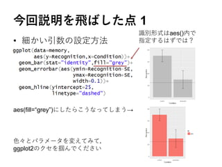 今回説明を飛ばした点 1
• 細かい引数の設定方法
aes(fill=“grey”)にしたらこうなってしまう→
識別形式はaes()内で
指定するはずでは？
色々とパラメータを変えてみて，
ggplot2のクセを掴んでください
 