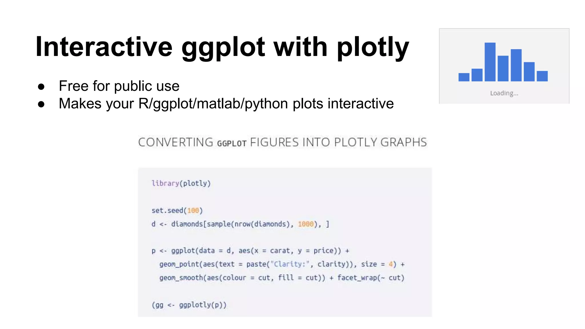 Interactive ggplot with plotly
● Free for public use
● Makes your R/ggplot/matlab/python plots interactive
 