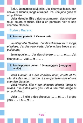 100
Salut. Je m’appelle Mireille. J’ai des yeux bleus, des
cheveux blonds, longs et raides. J’ai une jupe grise et
un pull bleu.
Voilà Mélodie. Elle a des yeux marron, des cheveux
roux, courts et frisés. Elle a un pantalon noir et une
chemise blanche.
Écrire. / Писати.
4.	Fais ton portrait. / Опиши себе.
Je m’appelle Caroline. J’ai des cheveux roux, longs
et raides. J’ai des yeux verts. J’ai une jupe bleue et un
pull jaune.
Je m’appelle ... . J’ai des cheveux ... ..., ... et ... . J’ai
des yeux ... . J’ai ... et ... ... .
5.	Fais le portrait de ton / Опиши друга (подругу).
	 ami(e).			
Voilà Gaston. Il a des cheveux noirs, courts et fri-
sés. Il a des yeux marron. Il a un pantalon noir et une
chemise blanche.
Voilà Valérie. Elle a des cheveux blonds, longs et
raides. Elle a des yeux gris. Elle a une robe rouge et
un pull blanc.
Voilà ... . Il elle a des cheveux ..., ... et ... . Il a des
yeux ... . Il a ... et ... .
 