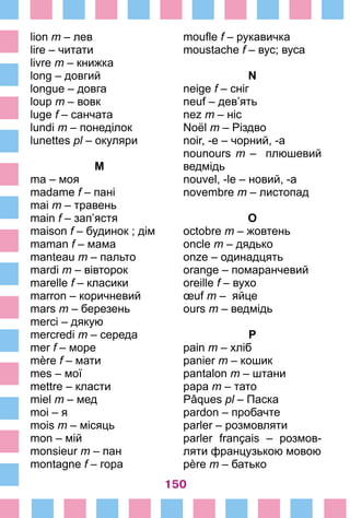 150
lion m – лев
lire – читати
livre m – книжка
long – довгий
longue – довга
loup m – вовк
luge f – санчата
lundi m – понеділок
lunettes pl – окуляри
M
ma – моя
madame f – пані
mai m – травень
main f – зап’ястя
maison f – будинок ; дім
maman f – мама
manteau m – пальто
mardi m – вівторок
marelle f – класики
marron – коричневий
mars m – березень
merci – дякую
mercredi m – середа
mer f – море
mère f – мати
mes – мої
mettre – класти
miel m – мед
moi – я
mois m – місяць
mon – мій
monsieur m – пан
montagne f – гора
moufle f – рукавичка
moustache f – вус; вуса
N
neige f – сніг
neuf – дев’ять
nez m – ніс
Noël m – Різдво
noir, -e – чорний, -а
nounours m – плюшевий
ведмідь
nouvel, -le – новий, -а
novembre m – листопад
O
octobre m – жовтень
oncle m – дядько
onze – одинадцять
orange – помаранчевий
oreille f – вухо
œuf m – яйце
ours m – ведмідь
P
pain m – хліб
panier m – кошик
pantalon m – штани
papa m – тато
Pâques pl – Паска
pardon – пробачте
parler – розмовляти
parler français – розмов­
ляти французькою мовою
père m – батько
 