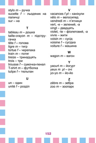 152
stylo m – ручка
sucette f – льодяник на
паличці
sur – на
T
tableau m – дошка
taille-crayon m – під­стру­
гачка
tête f – голова
tigre m – тигр
tortue f – черепаха
train m – потяг
treize – тринадцять
trois – три
trousse f – сумочка-пенал
T-shirt m – футболка
tulipe f – тюльпан
U
un – один
unité f – розділ
V
vacances f pl – канікули
vélo m – велосипед
vendredi m – п’ятниця
vert, -e – зелений, -а
vingt – двадцять
violet, -te – фіолетовий, -а
vivre – жити
voisin m – сусід
voisine f – сусідка
voiture f – машина
W
wagon m – вагон
Y
yaourt m – йогурт
yeux m pl – очі
yo-yo m – йо-йо
Z
zèbre m – зебра
zoo m – зоопарк
 