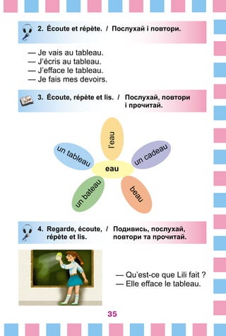 35
2.	 Écoute et répète. / Послухай і повтори.
— Je vais au tableau.
— J’écris au tableau.
— J’efface le tableau.
— Je fais mes devoirs.
3.	 Écoute, répète et lis. /	 Послухай, повтори
			 і прочитай.
l’eau
eau
un cadeau
beau
un tableau
un
bateau
4.	 Regarde, écoute, /	 Подивись, послухай,
		 répète et lis. 	 повтори та прочитай.
— Qu’est-ce que Lili fait ?
— Elle efface le tableau.
 