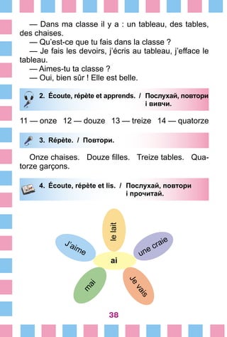 38
— Dans ma classe il y a : un tableau, des tables,
des chaises.
— Qu’est-ce que tu fais dans la classe ?
— Je fais les devoirs, j’écris au tableau, j’efface le
tableau.
— Aimes-tu ta classe ?
— Oui, bien sûr ! Elle est belle.
2.	 Écoute, répète et apprends. /	 Послухай, повтори
			 і вивчи.
11 — onze 12 — douze 13 — treize 14 — quatorze
3.	 Répète. / Повтори.
Onze chaises. Douze filles. Treize tables. Qua-
torze garçons.
4.	 Écoute, répète et lis. /	 Послухай, повтори
			 і прочитай.
lelait
ai
une craie
Je
vais
J’aime
m
ai
 