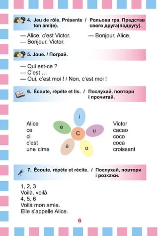 6
4.	 Jeu de rôle. Présente /	 Рольова гра. Представ
		 ton ami(e). 	 свого друга(подругу).
— Alice, c’est Victor.		 — Bonjour, Alice.
— Bonjour, Victor.
5. Joue. / Пограй.
— Qui est-ce ?
— C’est …
— Oui, c’est moi ! / Non, c’est moi !
6.	 Écoute, répète et lis. /	 Послухай, повтори
			 і прочитай.
C
i
u
oa
e
Alice
ce
ci
c’est
une cime
Victor
cacao
coco
coca
croissant
7.	 Écoute, répète et récite. /	 Послухай, повтори
				 і розкажи.
1, 2, 3
Voilà, voilà
4, 5, 6
Voilà mon amie.
Elle s’appelle Alice.
 