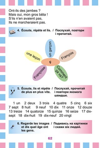 62
Ont-ils des jambes ?
Mais oui, mon gros bêta !
S’ils n’en avaient pas,
Ils ne marcheraient pas.
4.	 Écoute, répète et lis. /	 Послухай, повтори
			 і прочитай.
ungarçon
ç
François
Com
m
ent
ça
va?
une leçon
Françoise
5.	 Écoute, lis et répète /	 Послухай, прочитай
		 de plus en plus vite. 	 і повтори якомога
			 швидше.
1 un 2 deux 3 trois 4 quatre 5 cinq 6 six
7 sept 8 huit 9 neuf 10 dix 11 onze 12 douze
13 treize 14 quatorze 15 quinze 16 seize 17 dix-
sept 18 dix-huit 19 dix-neuf 20 vingt
6. Regarde les images /	 Подивись на картинки
		 et dis quel âge ont 	 і скажи вік людей.
		 les gens.
 