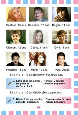 63
Béatrice, 15 ans Benjamin, 13 ans Brigitte, 14 ans
Clément, 12 ans Cécile, 11 ans Cyril, 17 ans
François, 18 ans Marie, 19 ans Paul, 20ans
E x e m p l e  : C’est Benjamin. Il a treize ans.
7.	 Écris dans ton cahier /	 Напиши у зошиті
		 les phrases	 речення вправи 6.
		 de l’exercice 6. 	
E x e m p l e  : C’est Cécile. Elle a onze ans.
8.	 Décris à tes parents les /	 Опиши своїм батькам
		 gens de l’exercice 6.		 людей вправи 6.
 