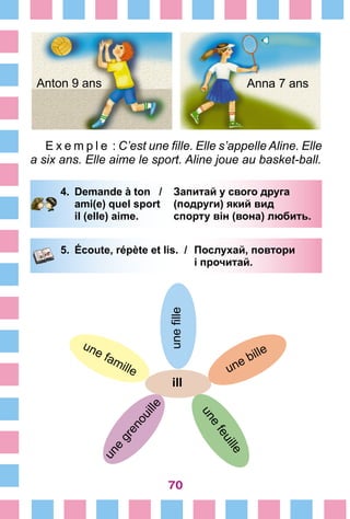 70
Anton 9 ans Anna 7 ans
E x e m p l e  : C’est une fille. Elle s’appelle Aline. Elle
a six ans. Elle aime le sport. Aline joue au basket-ball.
4.	 Demande à ton /	 Запитай у свого друга
		 ami(e) quel sport 	 (подруги) який вид
		 il (elle) aime.	 спорту він (вона) любить.
5.	 Écoute, répète et lis. /	 Послухай, повтори
				 і прочитай.
unefille
ill
une bille
une
feuille
une famille
une
grenouille
 