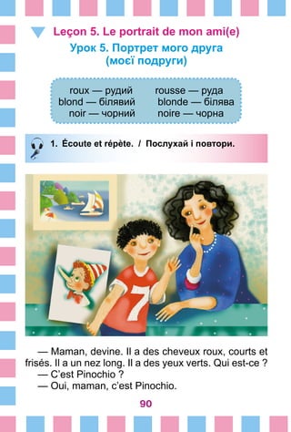 90
Leçon 5. Le portrait de mon ami(e)
Урок 5. Портрет мого друга
(моєї подруги)
roux — рудий rousse — руда
blond — білявий blonde — білява
noir — чорний noire — чорна
1.	 Écoute et répète. / Послухай і повтори.
— Maman, devine. Il a des cheveux roux, courts et
frisés. Il a un nez long. Il a des yeux verts. Qui est-ce ?
— C’est Pinochio ?
— Oui, maman, c’est Pinochio.
 