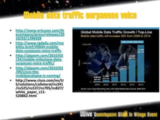 Mobile data traffic surpasses voice
•   http://www.ericsson.com/th
    ecompany/press/releases/20
    10/03/1396928
•   http://www.tgdaily.com/mo
    bility-brief/49044-mobile-
    data-surpasses-voice-traffic
•   http://gigaom.com/2010/03
    /24/mobile-milestone-data-
    surpasses-voice-traffic/
•   http://gigaom.com/2010/02
    /09/cisco-the-
    mobilpocalypse-is-coming/
•   http://www.cisco.com/en/U
    S/solutions/collateral/ns341
    /ns525/ns537/ns705/ns827/
    white_paper_c11-
    520862.html
 