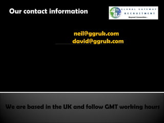 DIRECTORS Neil Aremband   [email_address] David Aremband    [email_address] Our office telephone numbers are: UK: +44 203 286 1835 USA: +1 213-985-1865 Australia: +61 2 8005 5720 We are based in the UK and follow GMT working hours 