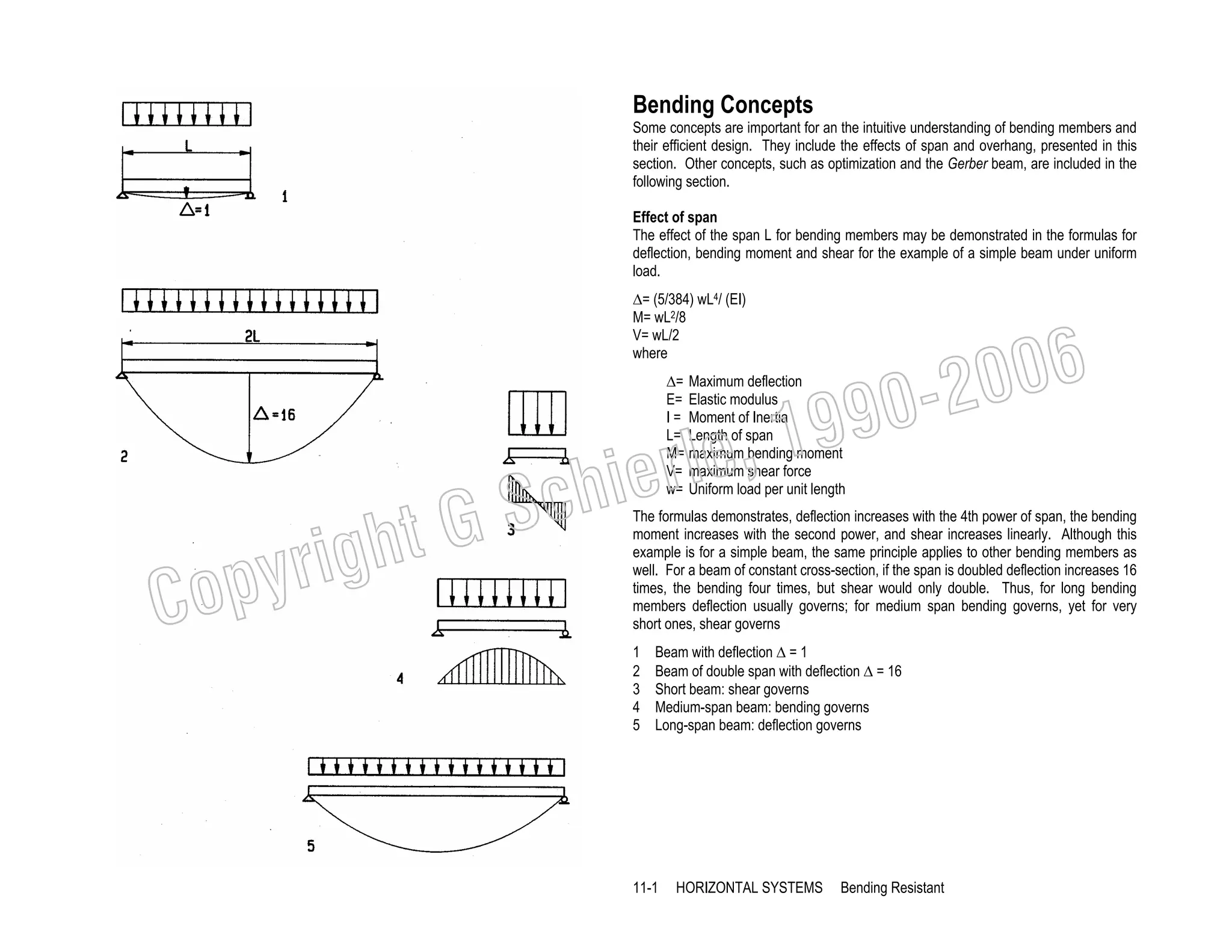 Bending Concepts
Some concepts are important for an the intuitive understanding of bending members and
their efficient design. They include the effects of span and overhang, presented in this
section. Other concepts, such as optimization and the Gerber beam, are included in the
following section.
Effect of span
The effect of the span L for bending members may be demonstrated in the formulas for
deflection, bending moment and shear for the example of a simple beam under uniform
load.
∆= (5/384) wL4/ (EI)
M= wL2/8
V= wL/2
where

006
0-2
9

, 19
erle
chi
GS
t

righ
opy

C

∆= Maximum deflection
E= Elastic modulus
I = Moment of Inertia
L= Length of span
M= maximum bending moment
V= maximum shear force
w= Uniform load per unit length

The formulas demonstrates, deflection increases with the 4th power of span, the bending
moment increases with the second power, and shear increases linearly. Although this
example is for a simple beam, the same principle applies to other bending members as
well. For a beam of constant cross-section, if the span is doubled deflection increases 16
times, the bending four times, but shear would only double. Thus, for long bending
members deflection usually governs; for medium span bending governs, yet for very
short ones, shear governs
1
2
3
4
5

Beam with deflection ∆ = 1
Beam of double span with deflection ∆ = 16
Short beam: shear governs
Medium-span beam: bending governs
Long-span beam: deflection governs

11-1

HORIZONTAL SYSTEMS

Bending Resistant

 