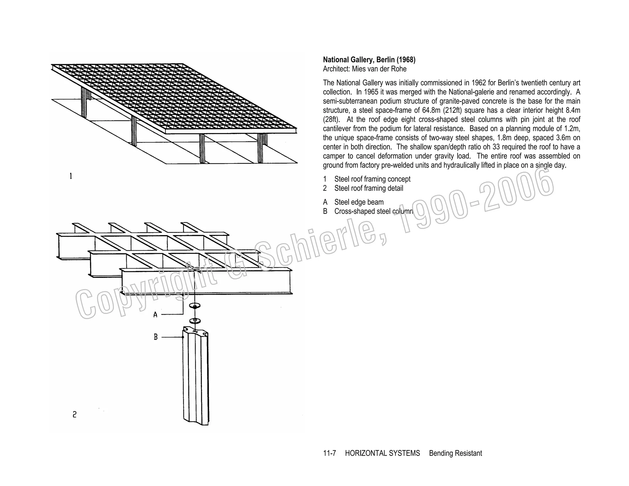 National Gallery, Berlin (1968)
Architect: Mies van der Rohe
The National Gallery was initially commissioned in 1962 for Berlin’s twentieth century art
collection. In 1965 it was merged with the National-galerie and renamed accordingly. A
semi-subterranean podium structure of granite-paved concrete is the base for the main
structure, a steel space-frame of 64.8m (212ft) square has a clear interior height 8.4m
(28ft). At the roof edge eight cross-shaped steel columns with pin joint at the roof
cantilever from the podium for lateral resistance. Based on a planning module of 1.2m,
the unique space-frame consists of two-way steel shapes, 1.8m deep, spaced 3.6m on
center in both direction. The shallow span/depth ratio oh 33 required the roof to have a
camper to cancel deformation under gravity load. The entire roof was assembled on
ground from factory pre-welded units and hydraulically lifted in place on a single day.

006
0-2
9

1 Steel roof framing concept
2 Steel roof framing detail

, 19
erle
chi
GS
t
A Steel edge beam
B Cross-shaped steel column

C

righ
opy

11-7

HORIZONTAL SYSTEMS

Bending Resistant

 