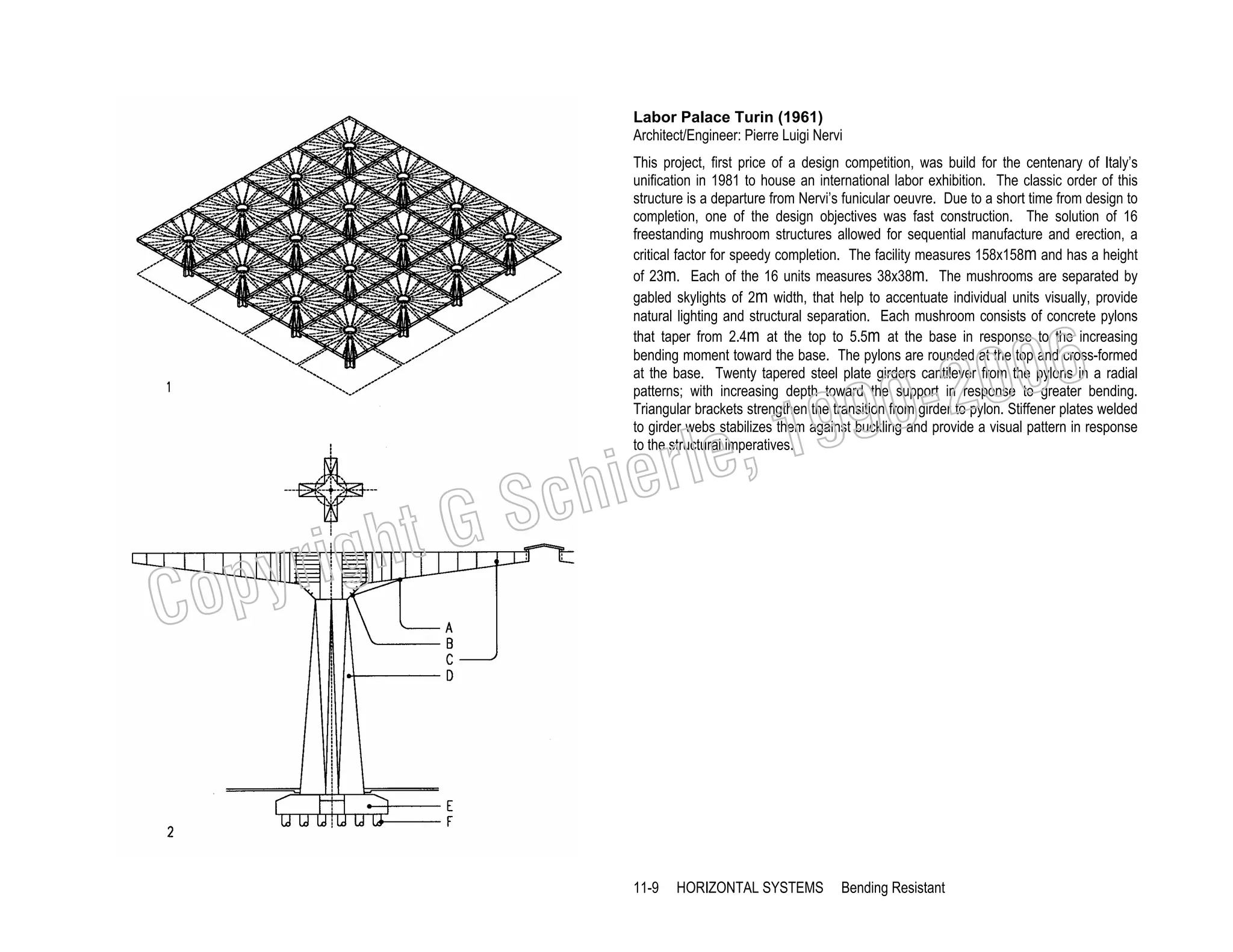 Labor Palace Turin (1961)
Architect/Engineer: Pierre Luigi Nervi
This project, first price of a design competition, was build for the centenary of Italy’s
unification in 1981 to house an international labor exhibition. The classic order of this
structure is a departure from Nervi’s funicular oeuvre. Due to a short time from design to
completion, one of the design objectives was fast construction. The solution of 16
freestanding mushroom structures allowed for sequential manufacture and erection, a
critical factor for speedy completion. The facility measures 158x158m and has a height
of 23m. Each of the 16 units measures 38x38m. The mushrooms are separated by
gabled skylights of 2m width, that help to accentuate individual units visually, provide
natural lighting and structural separation. Each mushroom consists of concrete pylons
that taper from 2.4m at the top to 5.5m at the base in response to the increasing
bending moment toward the base. The pylons are rounded at the top and cross-formed
at the base. Twenty tapered steel plate girders cantilever from the pylons in a radial
patterns; with increasing depth toward the support in response to greater bending.
Triangular brackets strengthen the transition from girder to pylon. Stiffener plates welded
to girder webs stabilizes them against buckling and provide a visual pattern in response
to the structural imperatives.

006
0-2
9

, 19
erle
chi
GS
t

C

righ
opy

11-9

HORIZONTAL SYSTEMS

Bending Resistant

 